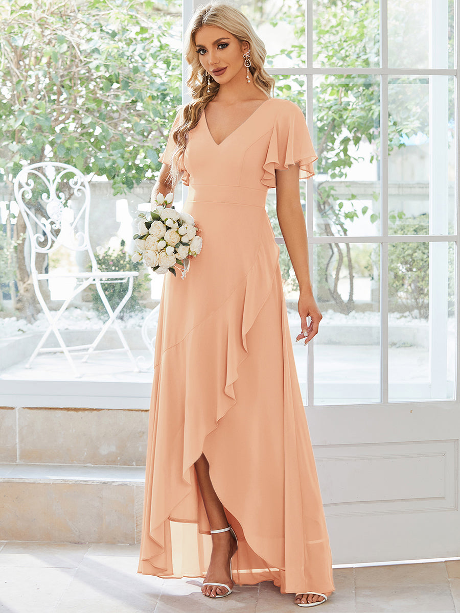 Ruffles Sleeve V-Neck Chiffon Bridesmaid Dress #color_Peach