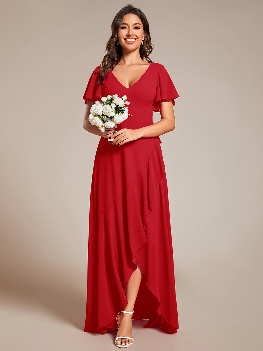 Ruffles Sleeve V-Neck Chiffon Bridesmaid Dress #color_Red