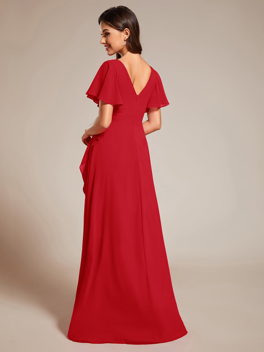 Ruffles Sleeve V-Neck Chiffon Bridesmaid Dress #color_Red