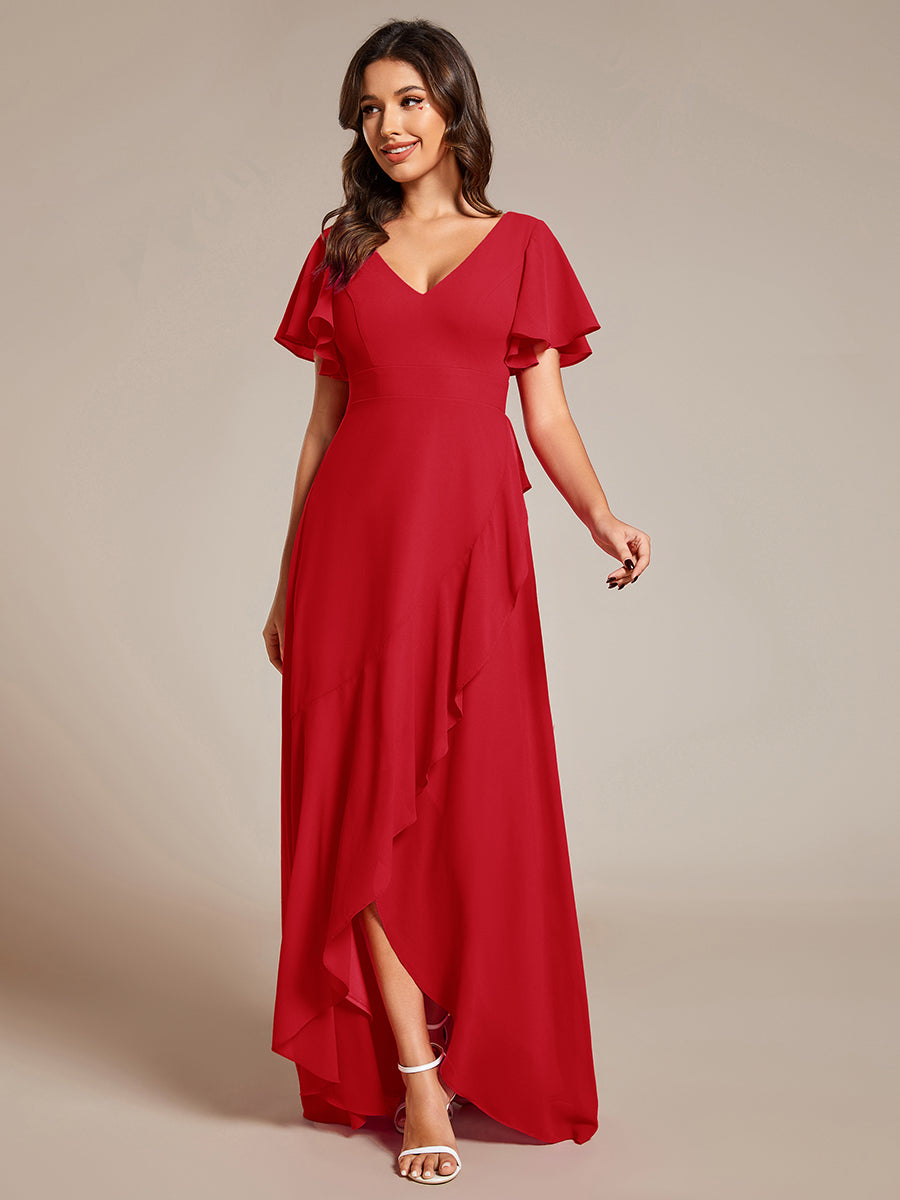 Ruffles Sleeve V-Neck Chiffon Bridesmaid Dress #color_Red