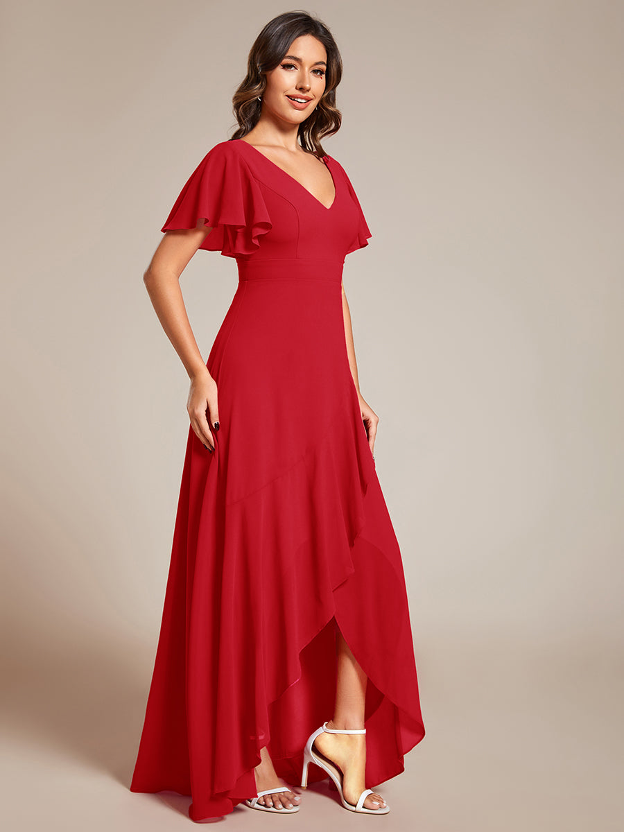 Ruffles Sleeve V-Neck Chiffon Bridesmaid Dress #color_Red