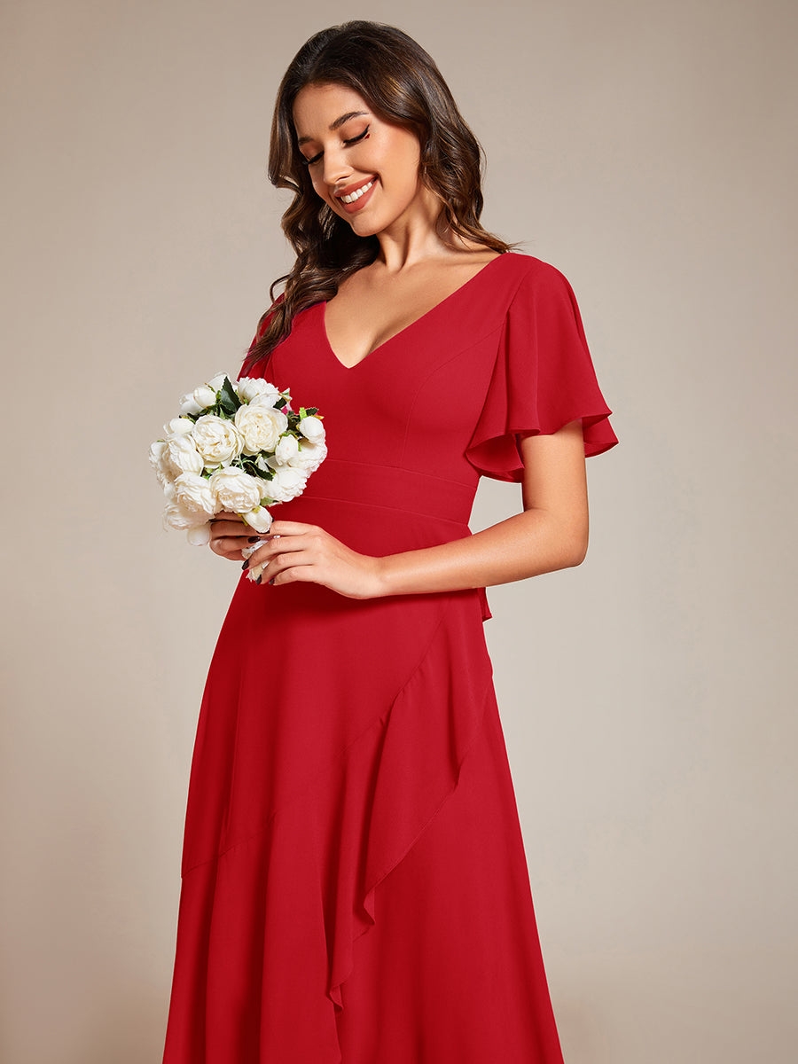 Ruffles Sleeve V-Neck Chiffon Bridesmaid Dress #color_Red