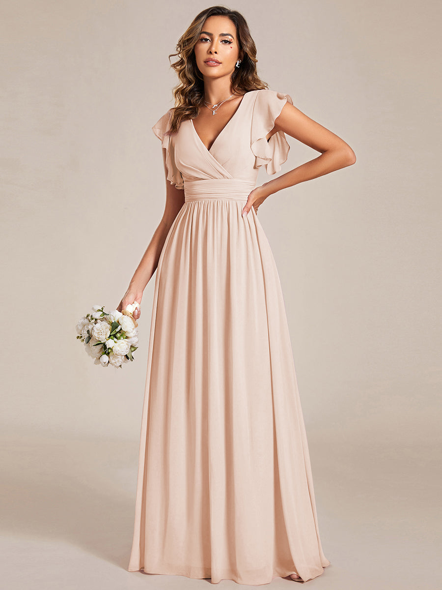 Ruffles Sleeve Back Cutout A-Line Maxi Chiffon Bridesmaid Dress #color_Blush