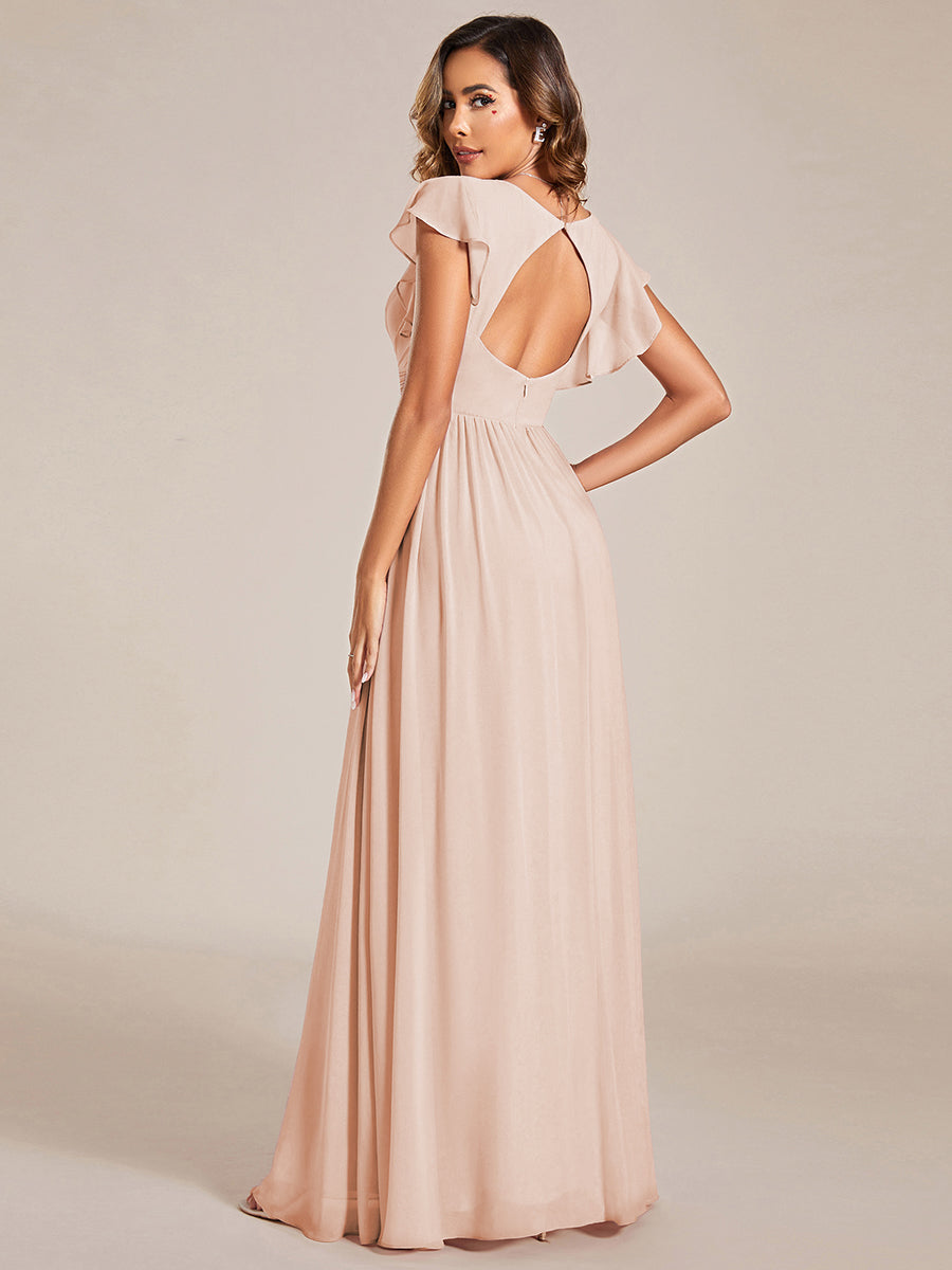 Ruffles Sleeve Back Cutout A-Line Maxi Chiffon Bridesmaid Dress #color_Blush