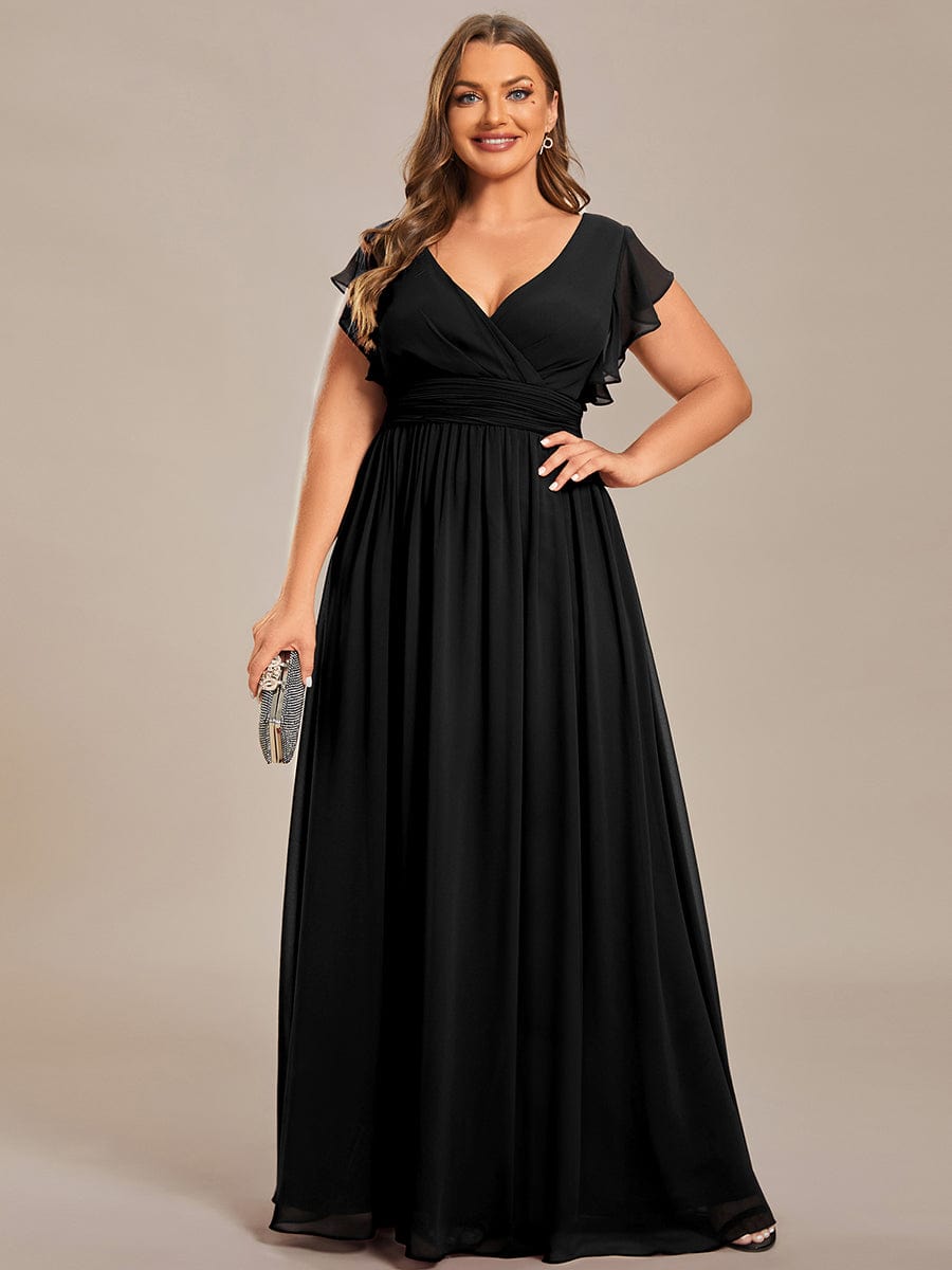 Back Cutout A-Line Pleated Ruffles Sleeve Chiffon Bridesmaid Dress #color_Black