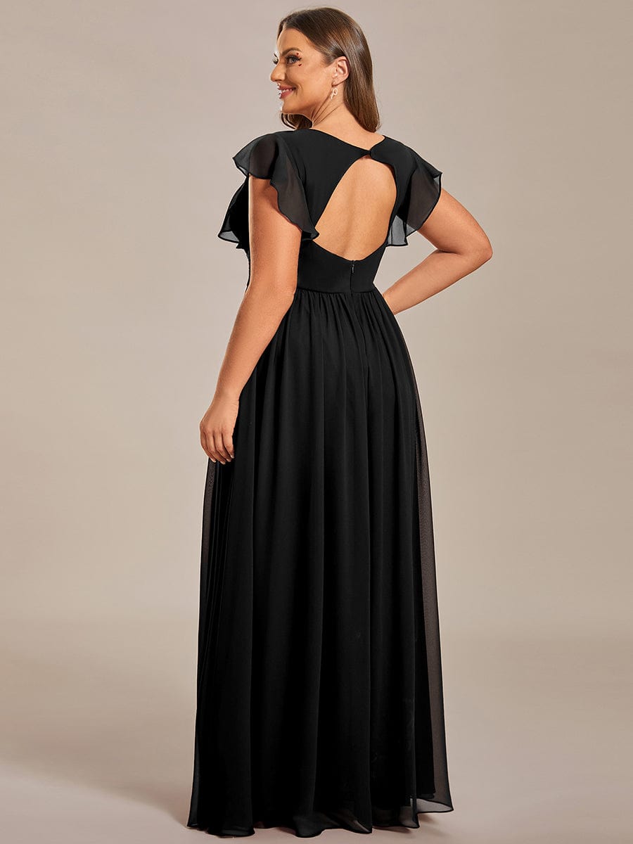 Back Cutout A-Line Pleated Ruffles Sleeve Chiffon Bridesmaid Dress #color_Black