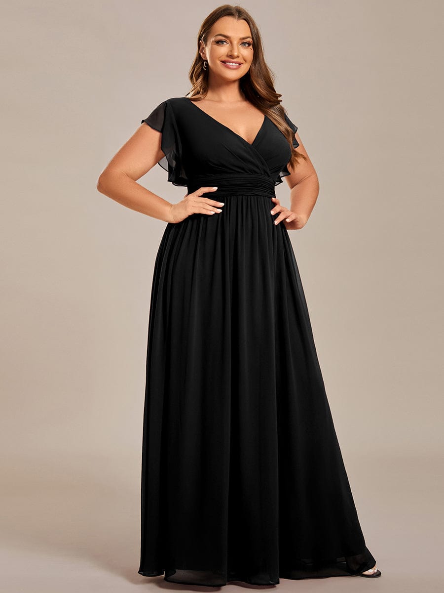 Back Cutout A-Line Pleated Ruffles Sleeve Chiffon Bridesmaid Dress #color_Black