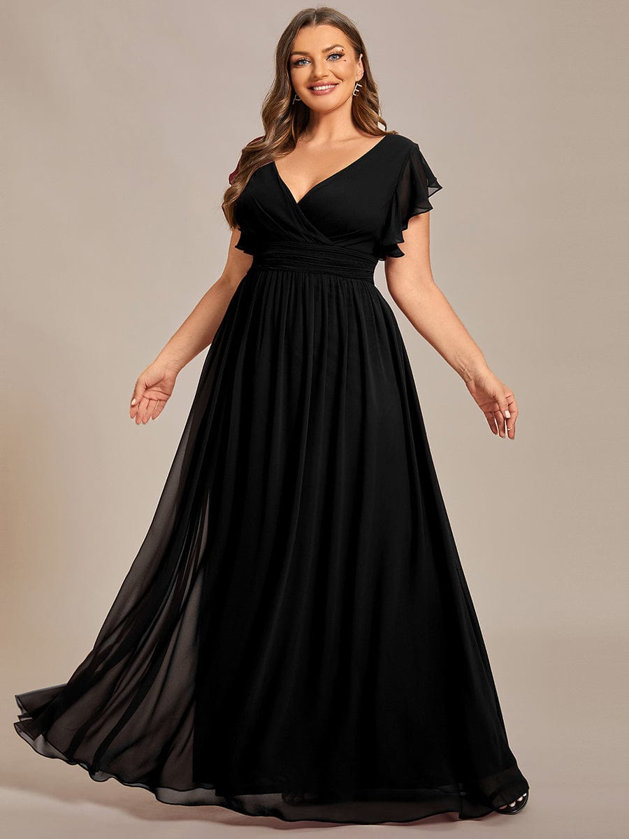 Back Cutout A-Line Pleated Ruffles Sleeve Chiffon Bridesmaid Dress #color_Black