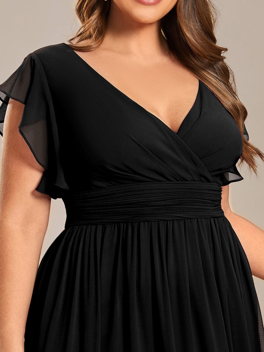 Back Cutout A-Line Pleated Ruffles Sleeve Chiffon Bridesmaid Dress #color_Black