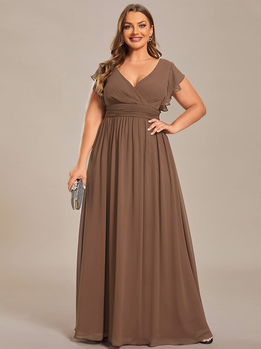 Back Cutout A-Line Pleated Ruffles Sleeve Chiffon Bridesmaid Dress #color_Brown