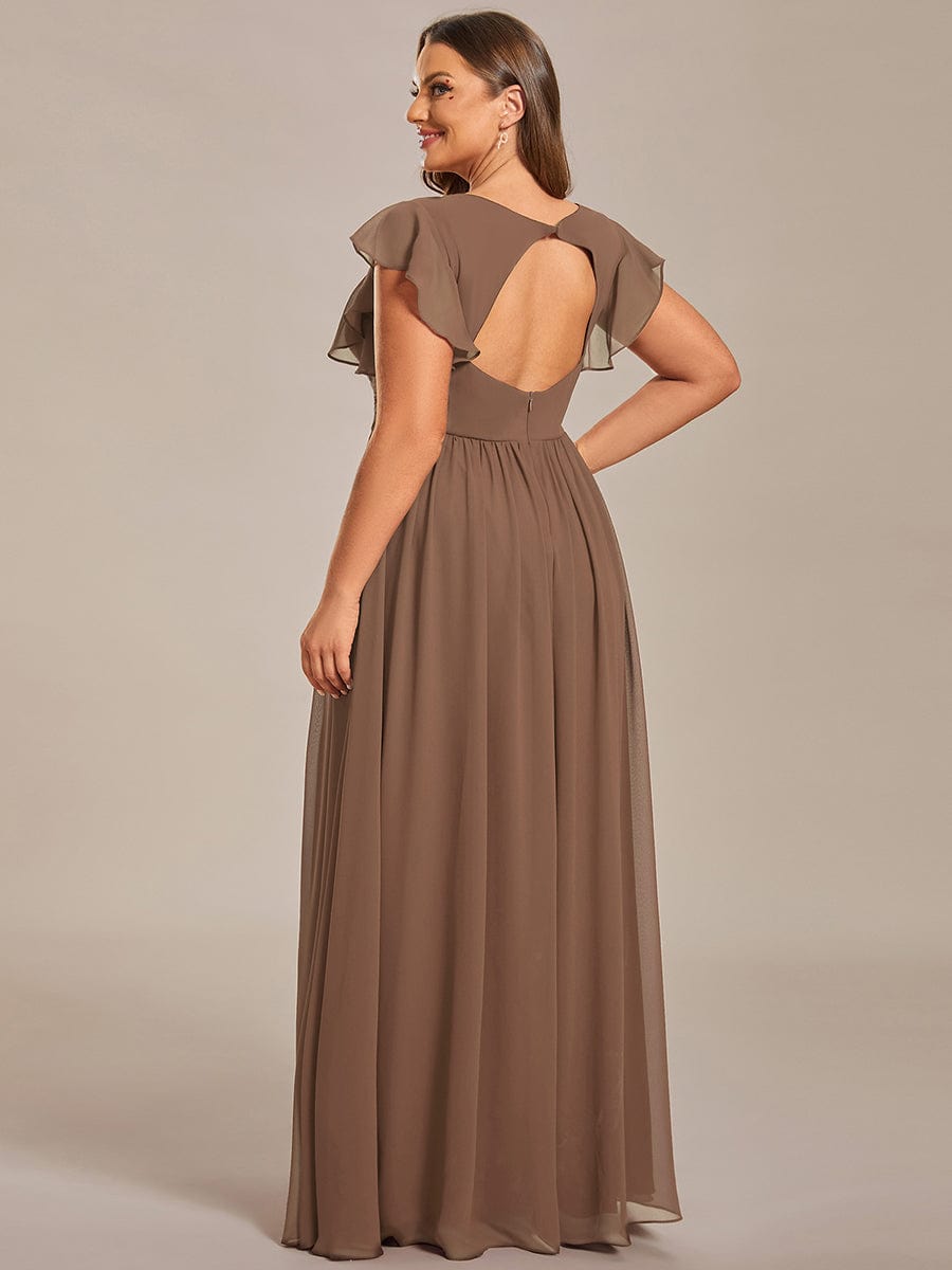 Back Cutout A-Line Pleated Ruffles Sleeve Chiffon Bridesmaid Dress #color_Brown