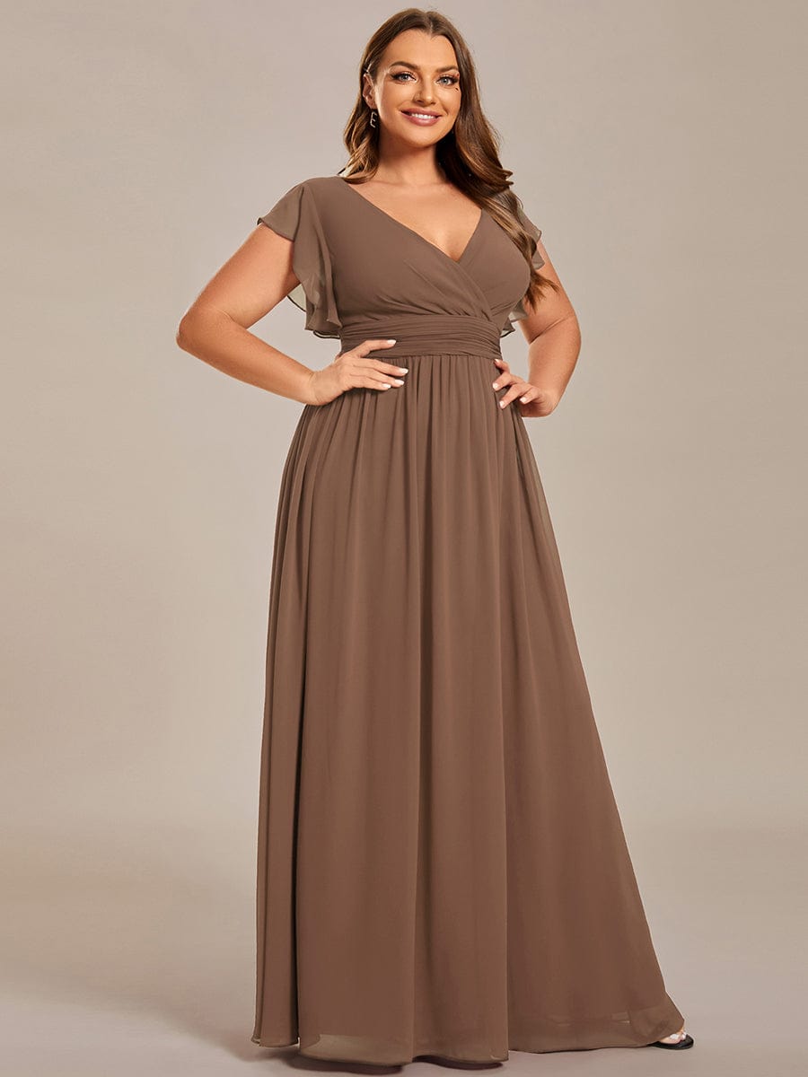 Back Cutout A-Line Pleated Ruffles Sleeve Chiffon Bridesmaid Dress #color_Brown