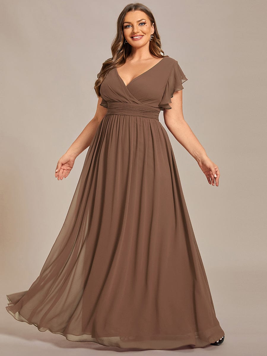 Back Cutout A-Line Pleated Ruffles Sleeve Chiffon Bridesmaid Dress #color_Brown