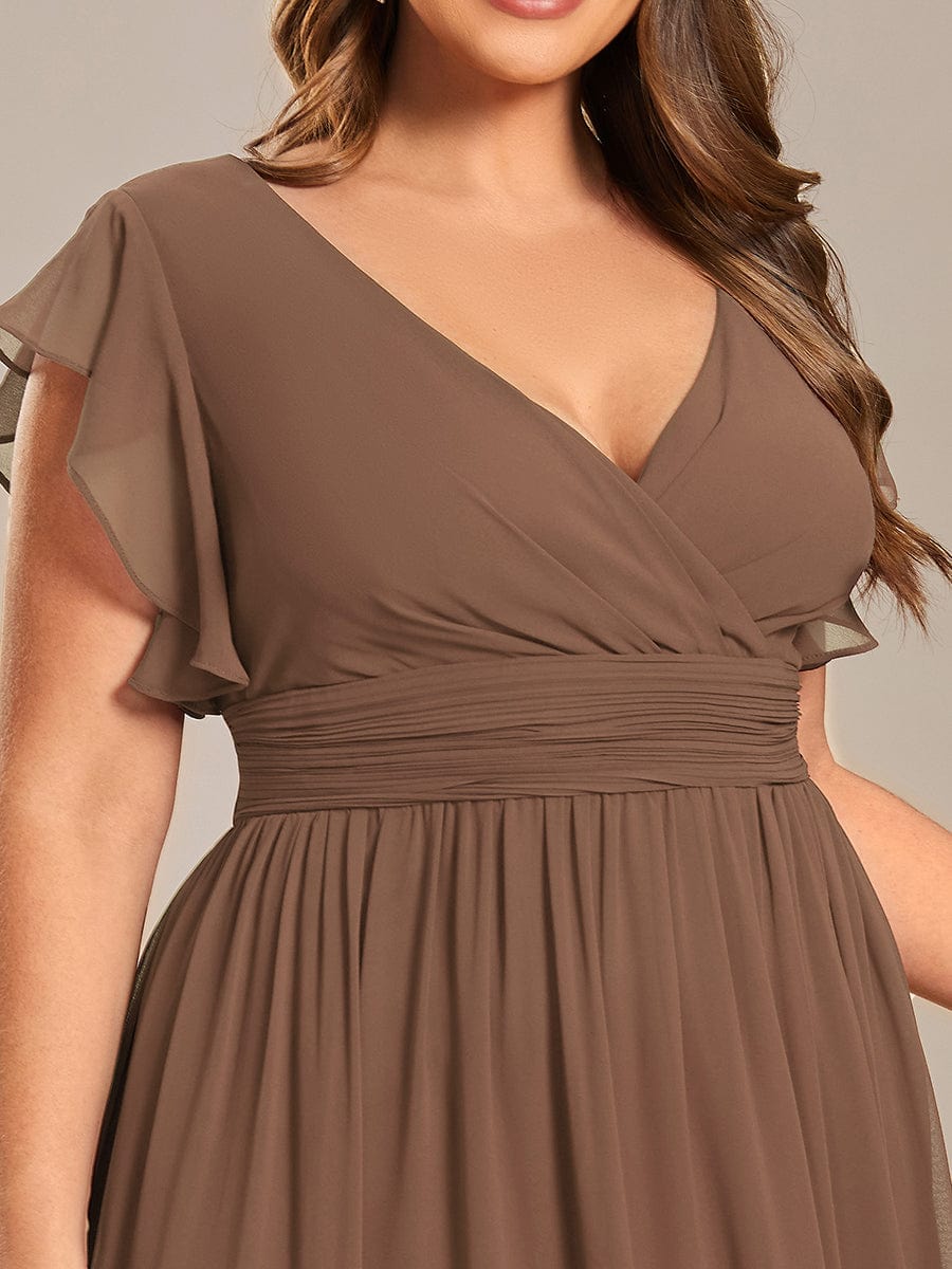 Custom Size Back Cutout A-Line Pleated Ruffles Sleeve Chiffon Bridesmaid Dress #color_Brown