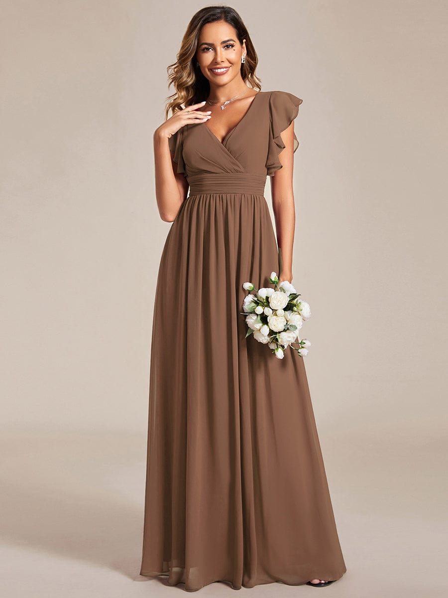 Back Cutout A-Line Pleated Ruffles Sleeve Chiffon Bridesmaid Dress #color_Brown