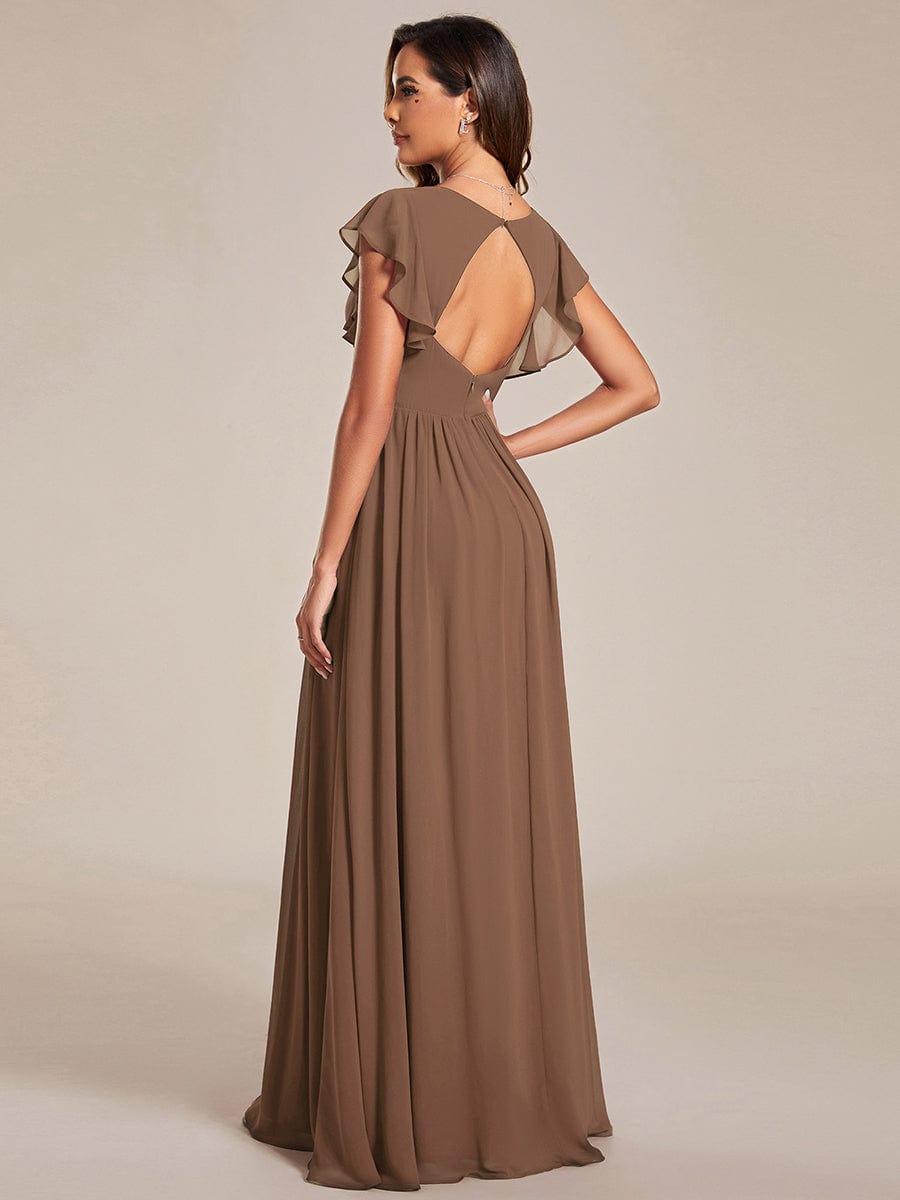 Back Cutout A-Line Pleated Ruffles Sleeve Chiffon Bridesmaid Dress #color_Brown