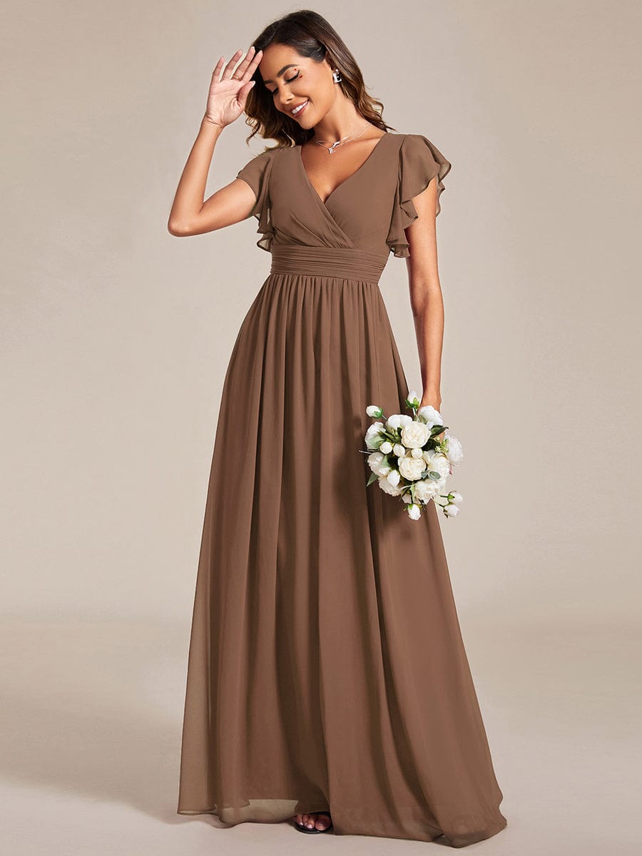 Back Cutout A-Line Pleated Ruffles Sleeve Chiffon Bridesmaid Dress #color_Brown