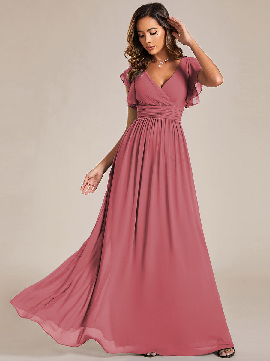 Ruffles Sleeve Back Cutout A-Line Maxi Chiffon Bridesmaid Dress #color_Cameo Brown