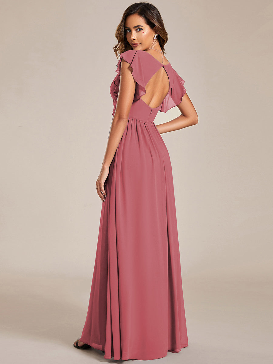 Ruffles Sleeve Back Cutout A-Line Maxi Chiffon Bridesmaid Dress #color_Cameo Brown