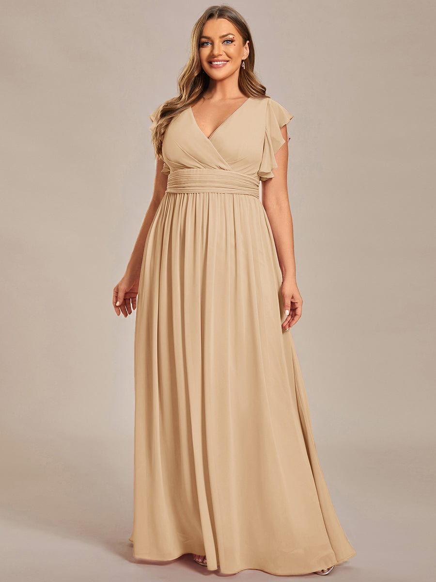 Back Cutout A-Line Pleated Ruffles Sleeve Chiffon Bridesmaid Dress #color_Champagne