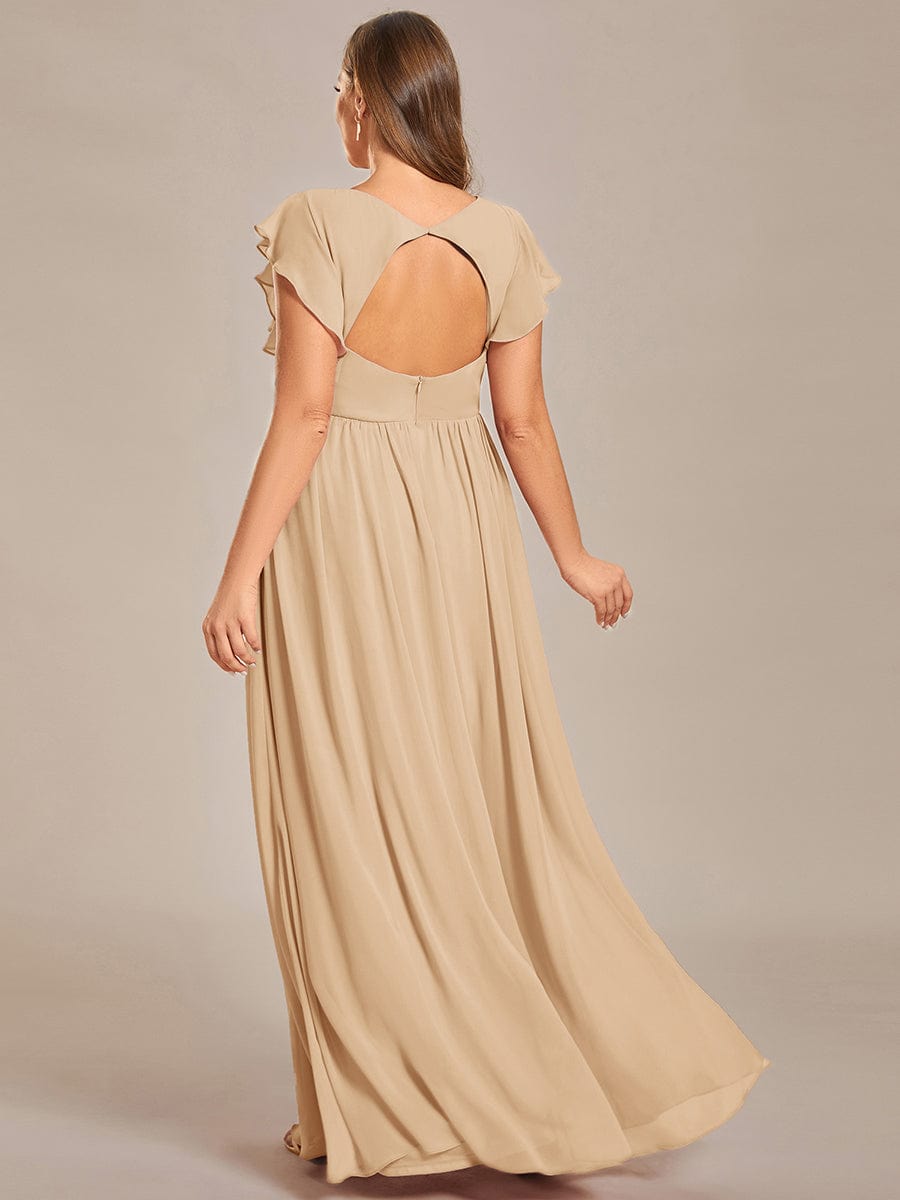 Back Cutout A-Line Pleated Ruffles Sleeve Chiffon Bridesmaid Dress #color_Champagne