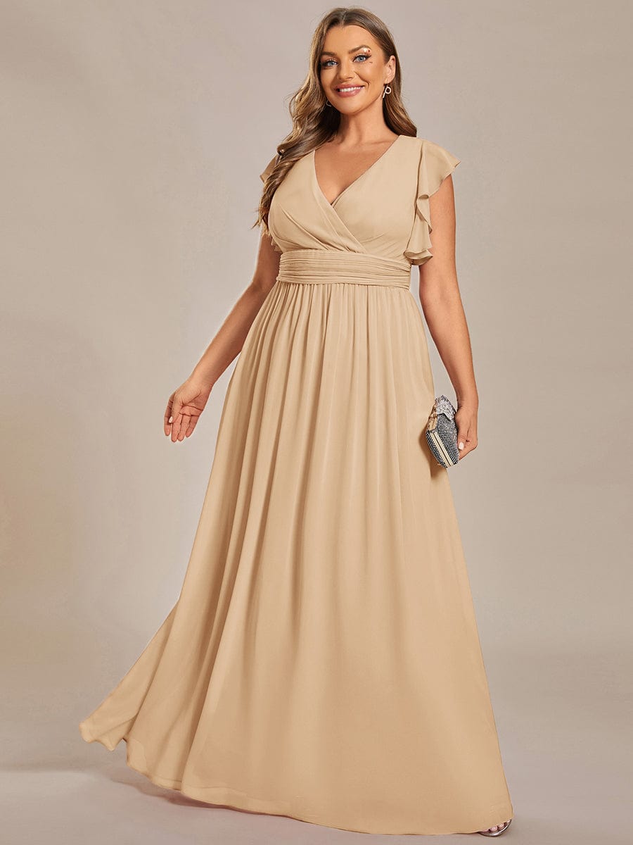 Back Cutout A-Line Pleated Ruffles Sleeve Chiffon Bridesmaid Dress #color_Champagne