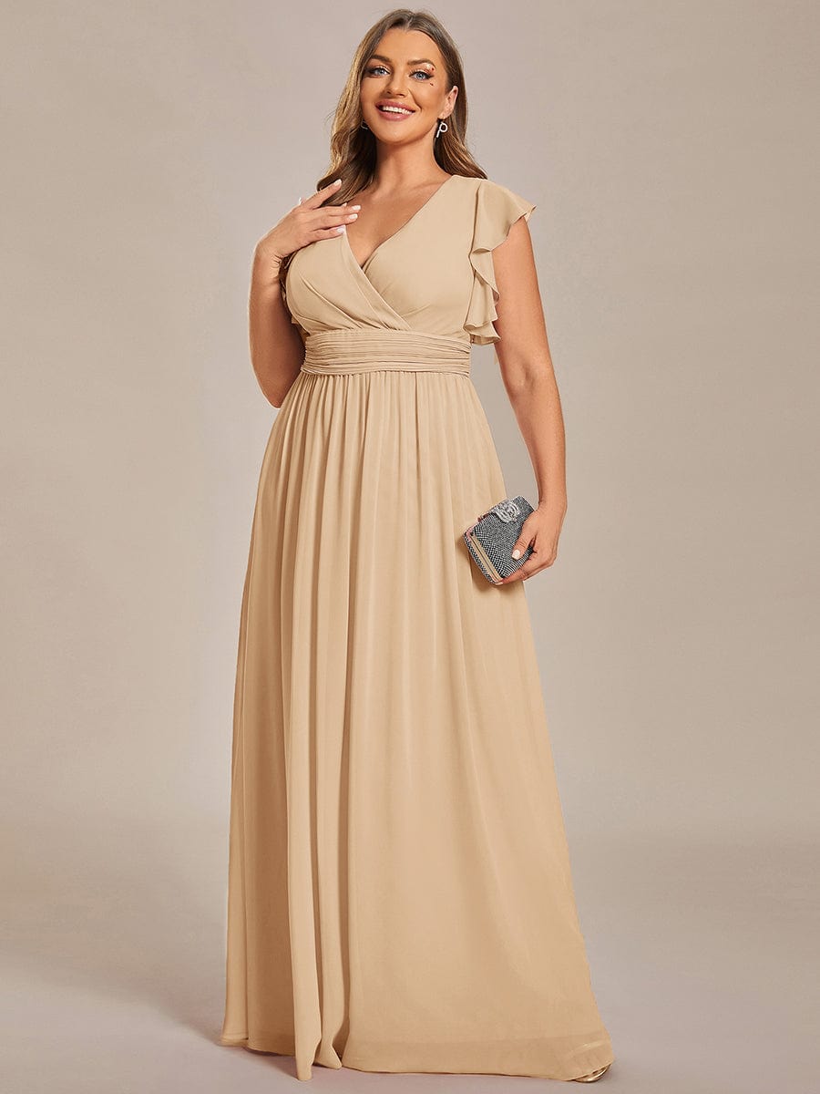 Back Cutout A-Line Pleated Ruffles Sleeve Chiffon Bridesmaid Dress #color_Champagne