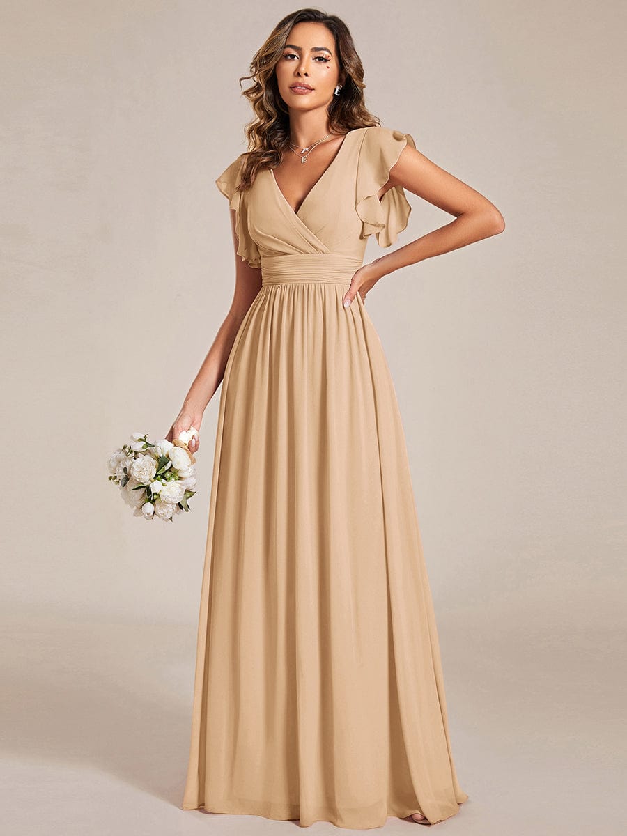 Back Cutout A-Line Pleated Ruffles Sleeve Chiffon Bridesmaid Dress #color_Champagne