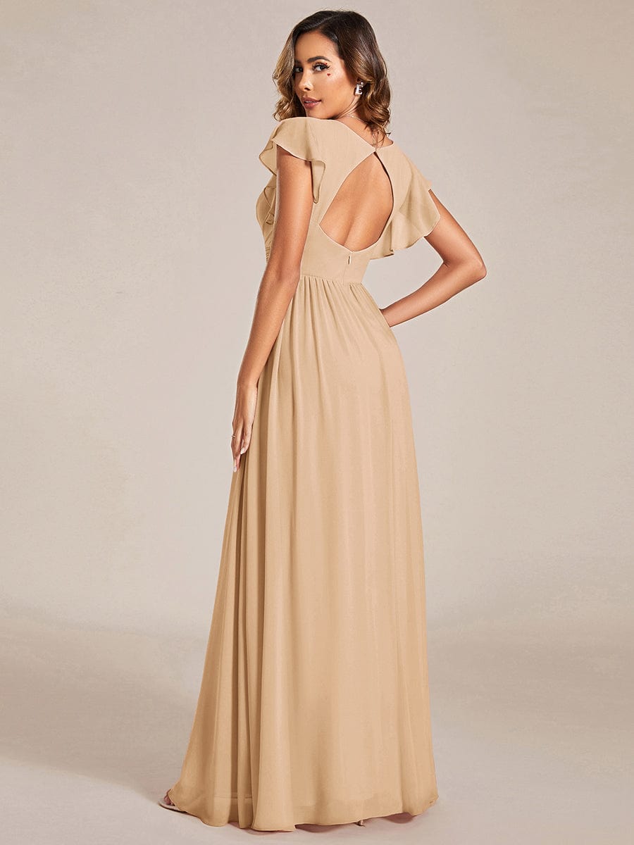 Back Cutout A-Line Pleated Ruffles Sleeve Chiffon Bridesmaid Dress #color_Champagne