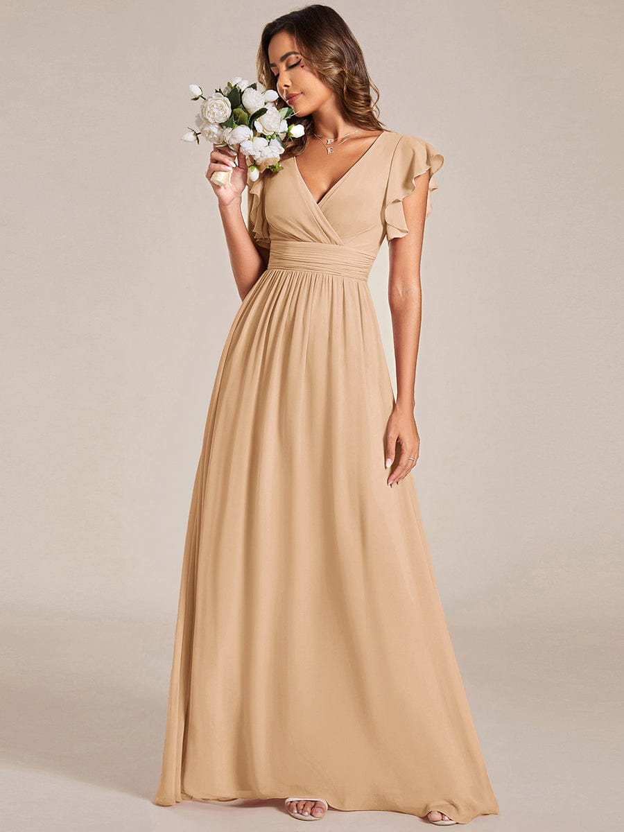 Back Cutout A-Line Pleated Ruffles Sleeve Chiffon Bridesmaid Dress #color_Champagne