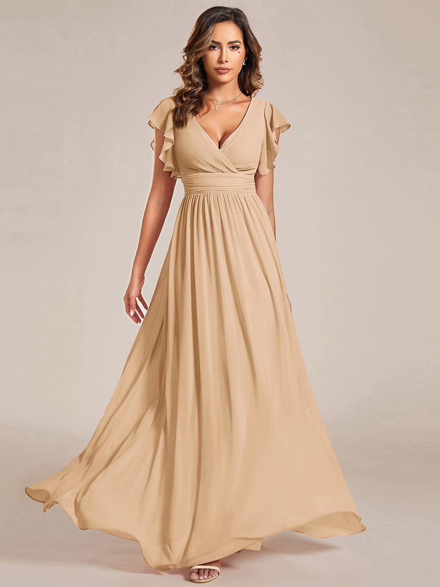 Back Cutout A-Line Pleated Ruffles Sleeve Chiffon Bridesmaid Dress #color_Champagne