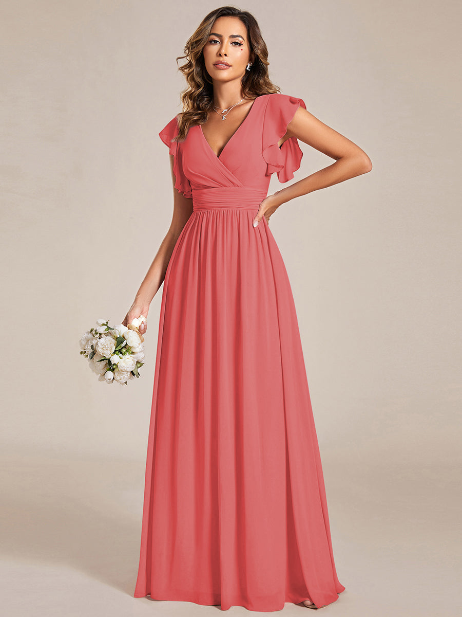 Ruffles Sleeve Back Cutout A-Line Maxi Chiffon Bridesmaid Dress #color_Coral