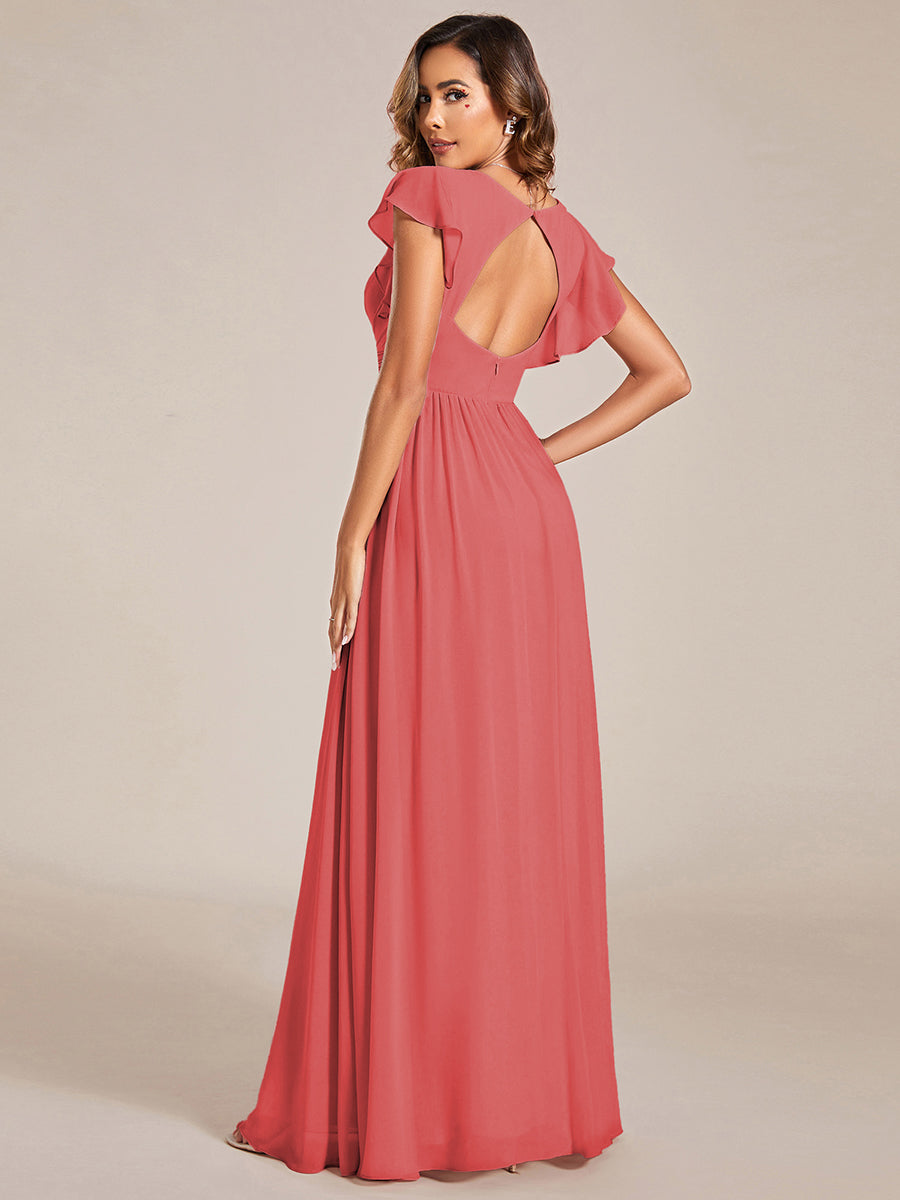 Ruffles Sleeve Back Cutout A-Line Maxi Chiffon Bridesmaid Dress #color_Coral