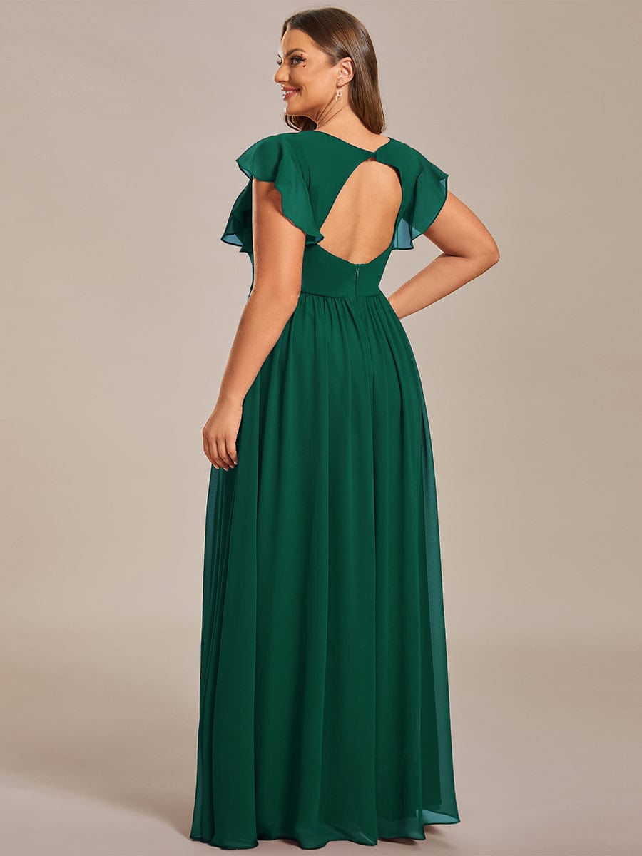 Back Cutout A-Line Pleated Ruffles Sleeve Chiffon Bridesmaid Dress #color_Dark Green