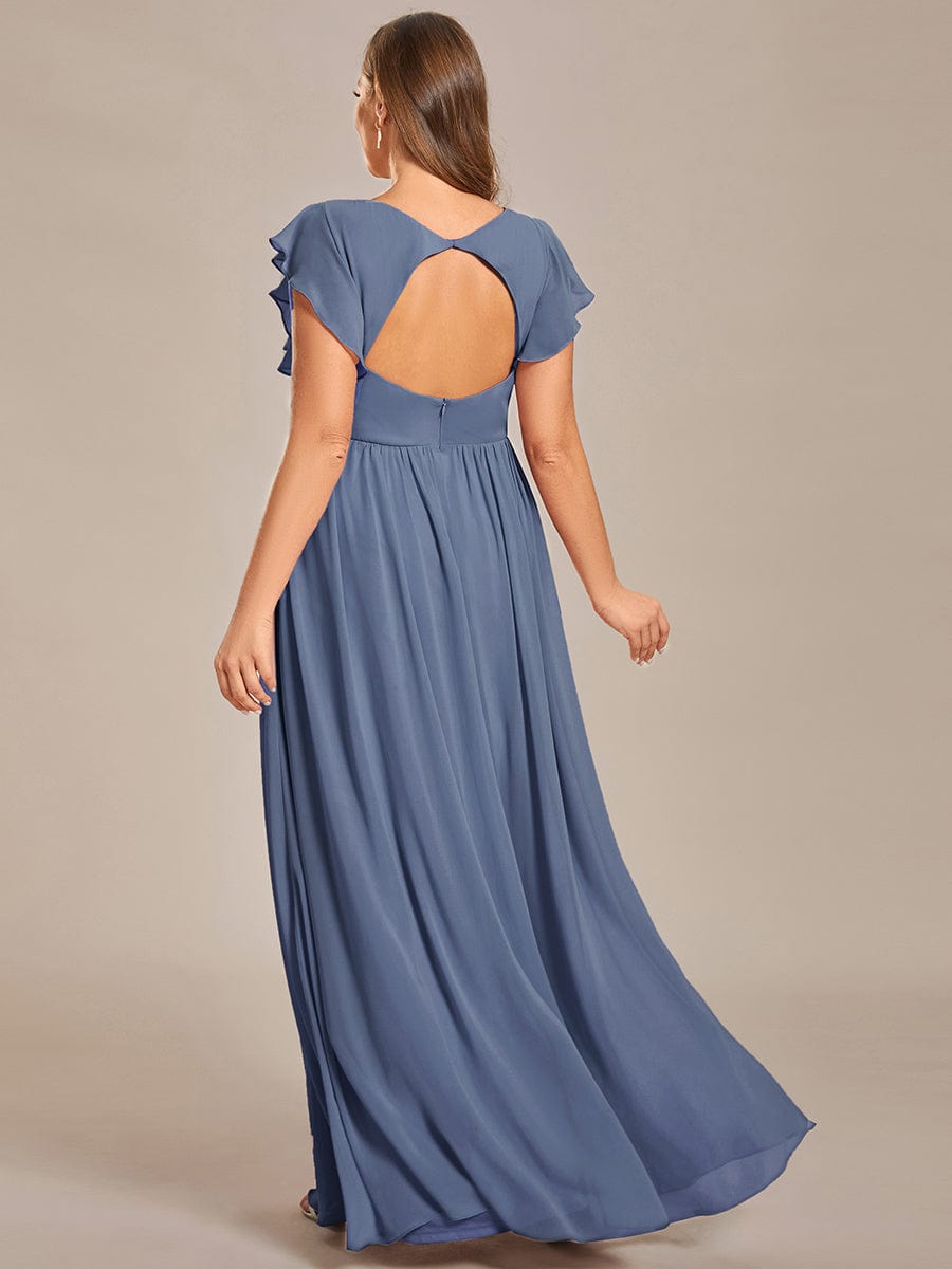 Back Cutout A-Line Pleated Ruffles Sleeve Chiffon Bridesmaid Dress #color_Dusty Blue