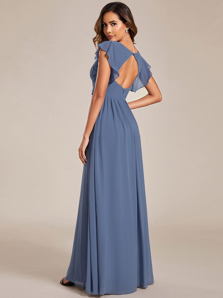 Back Cutout A-Line Pleated Ruffles Sleeve Chiffon Bridesmaid Dress #color_Dusty Blue