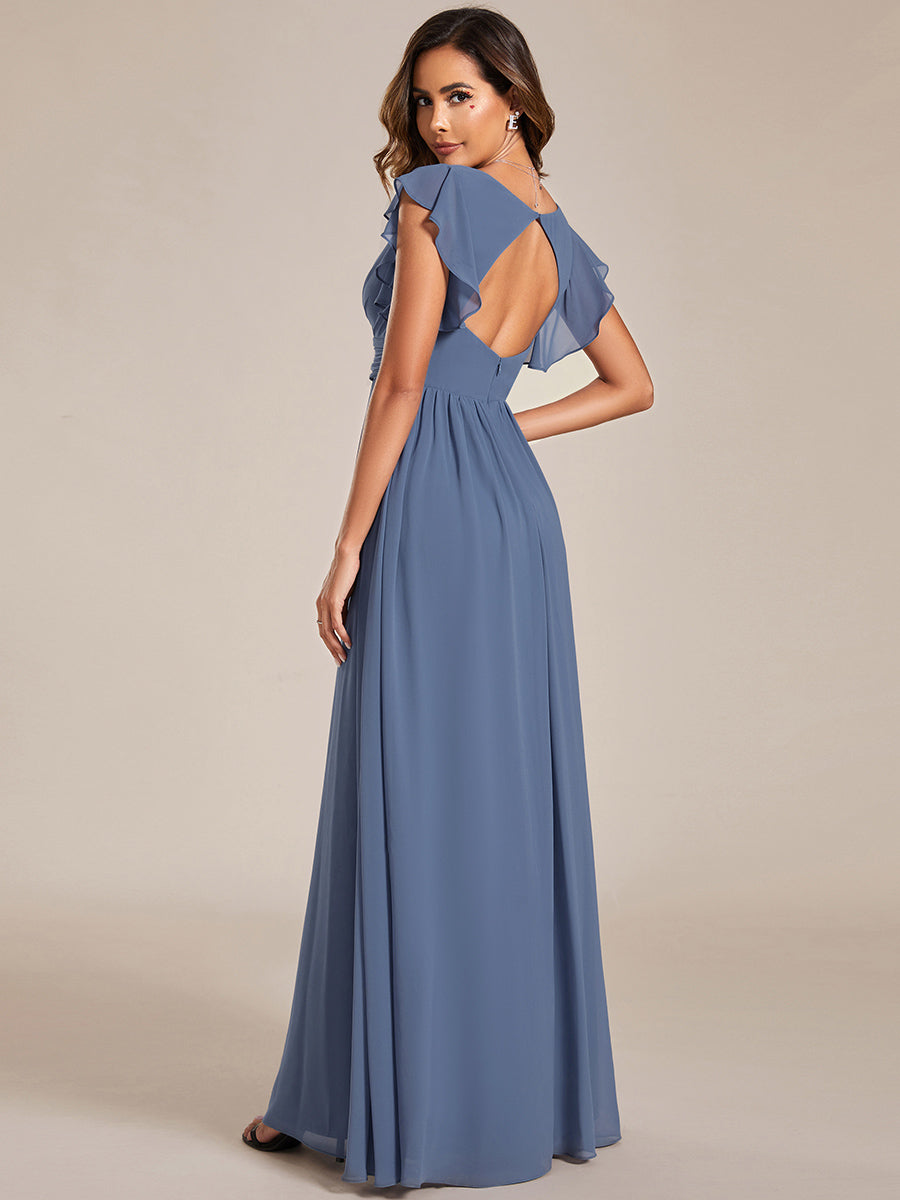 Back Cutout A-Line Pleated Ruffles Sleeve Chiffon Bridesmaid Dress #color_Dusty Navy