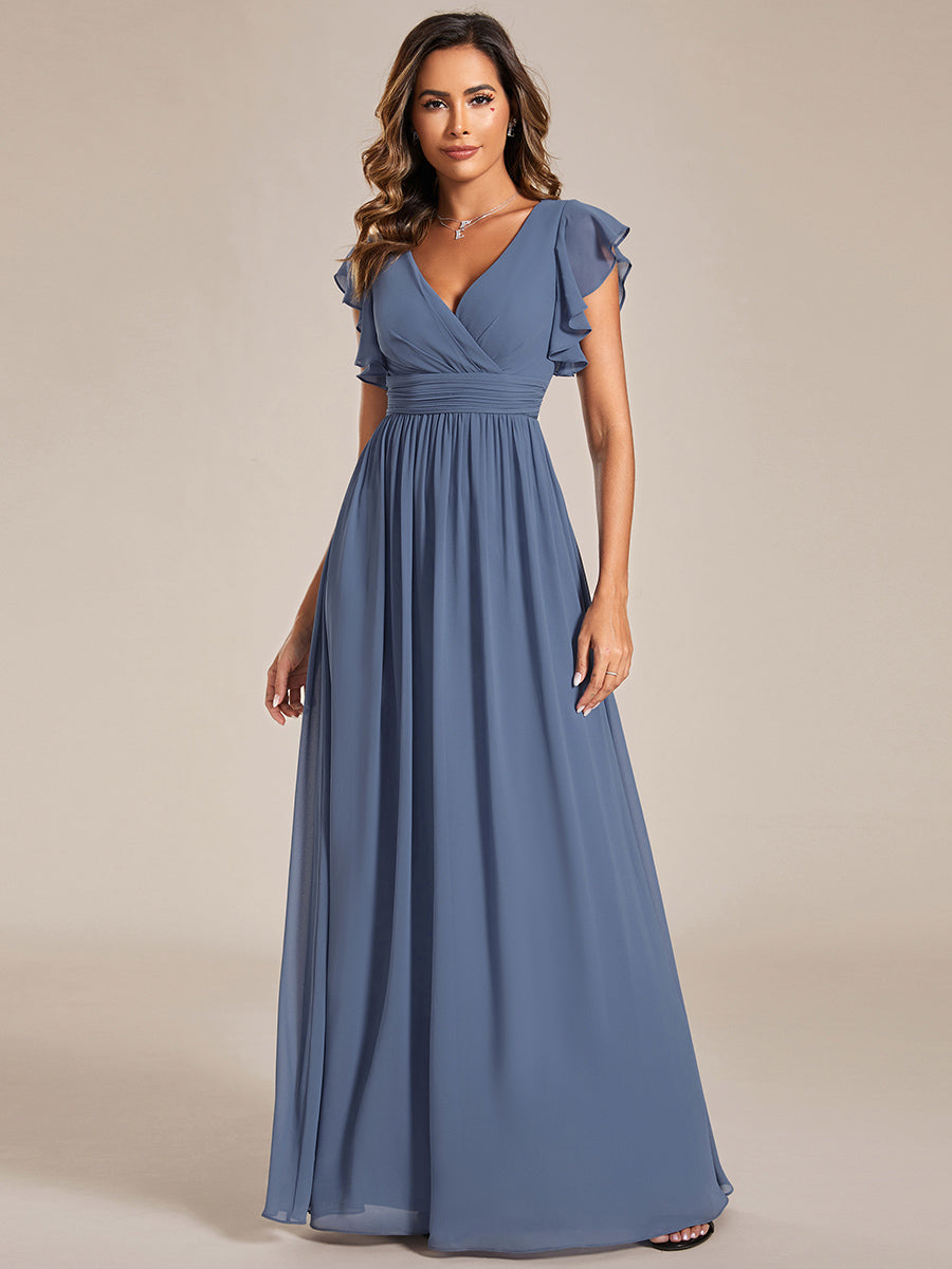 Back Cutout A-Line Pleated Ruffles Sleeve Chiffon Bridesmaid Dress #color_Dusty Navy