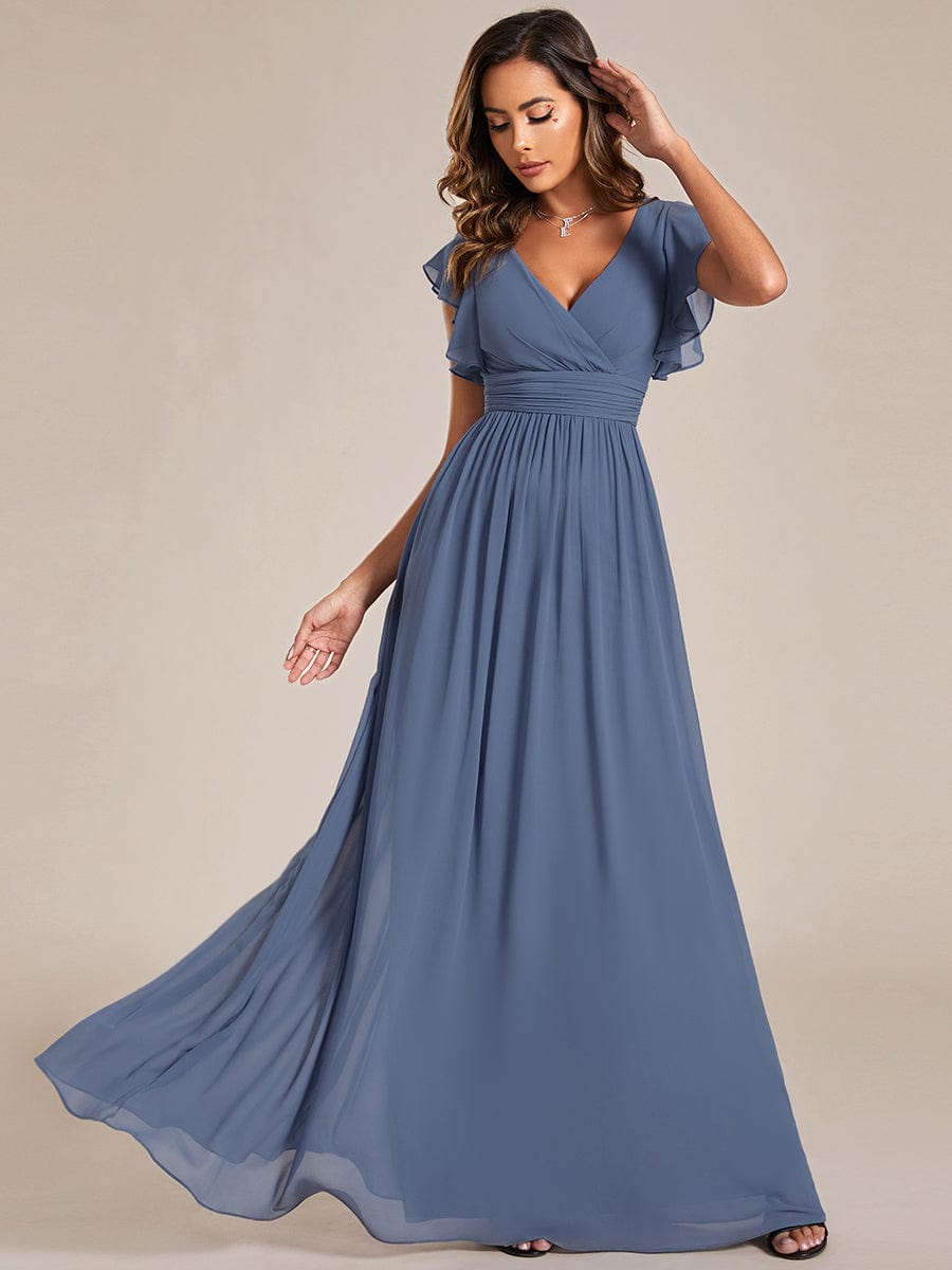 Back Cutout A-Line Pleated Ruffles Sleeve Chiffon Bridesmaid Dress #color_Dusty Navy