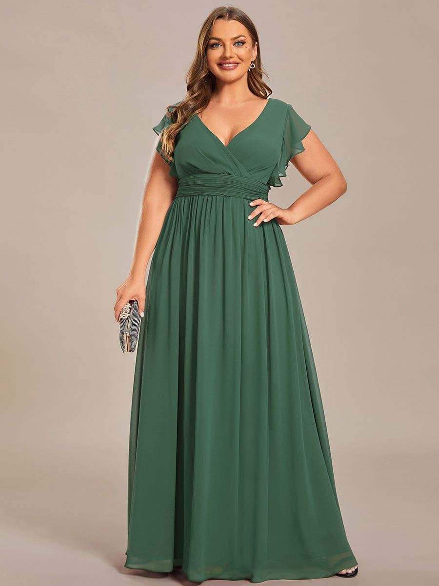 Back Cutout A-Line Pleated Ruffles Sleeve Chiffon Bridesmaid Dress #color_Eucalyptus