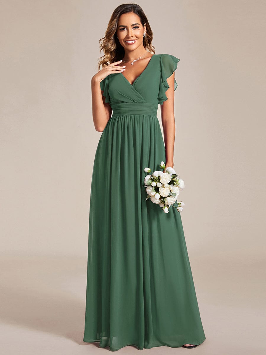 Back Cutout A-Line Pleated Ruffles Sleeve Chiffon Bridesmaid Dress #color_Eucalyptus