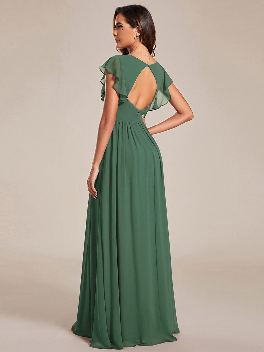 Back Cutout A-Line Pleated Ruffles Sleeve Chiffon Bridesmaid Dress #color_Eucalyptus