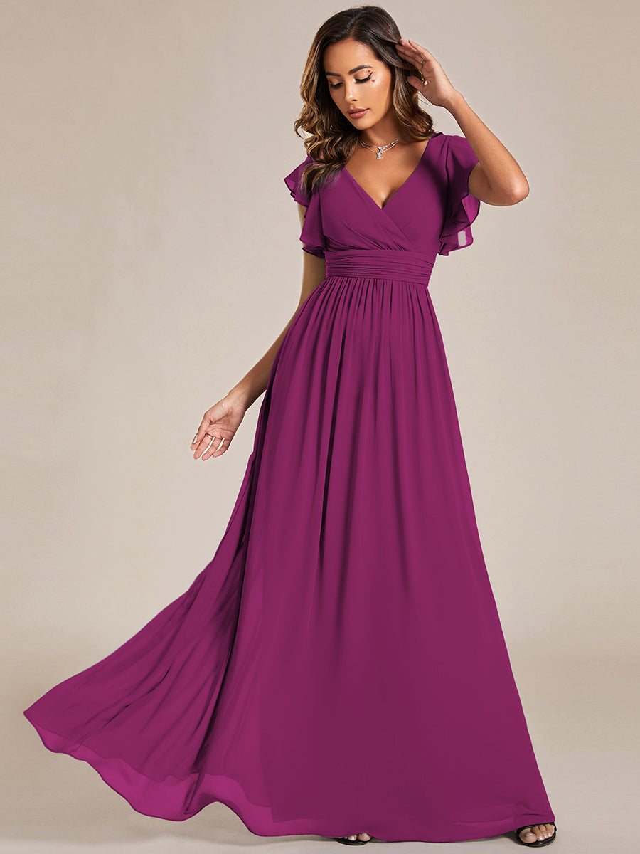 Ruffles Sleeve Back Cutout A-Line Maxi Chiffon Bridesmaid Dress #color_Fuchsia