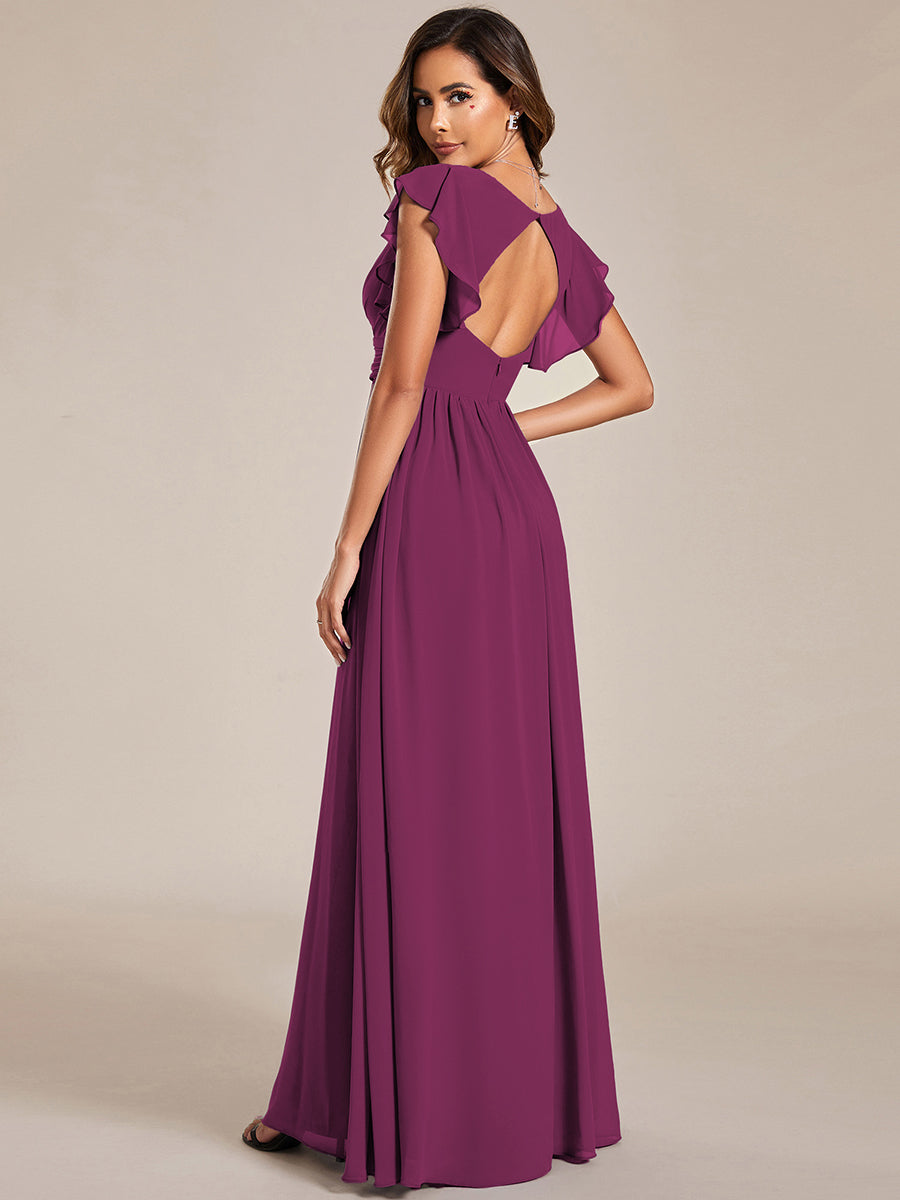 Ruffles Sleeve Back Cutout A-Line Maxi Chiffon Bridesmaid Dress #color_Fuchsia