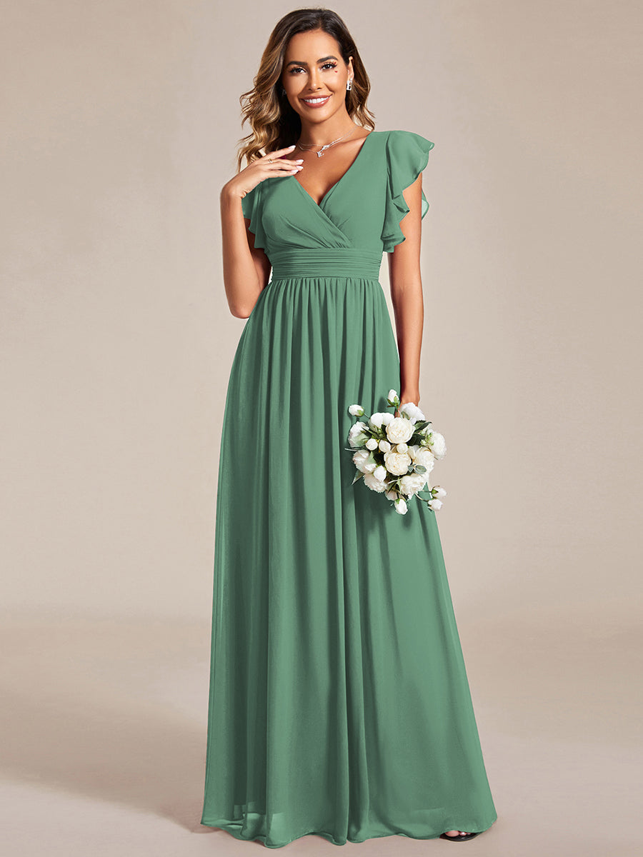 Ruffles Sleeve Back Cutout A-Line Maxi Chiffon Bridesmaid Dress #color_Green Bean