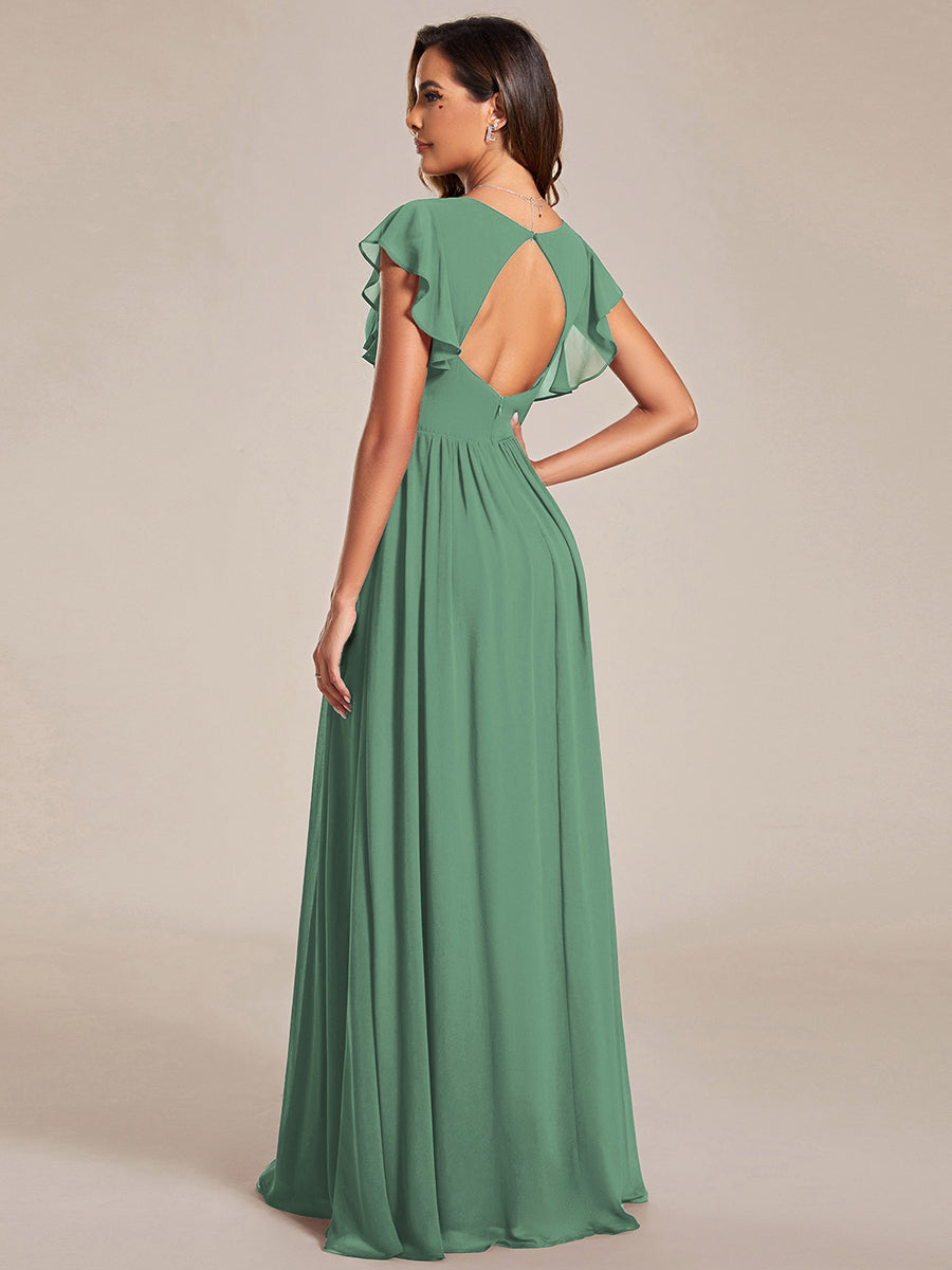 Ruffles Sleeve Back Cutout A-Line Maxi Chiffon Bridesmaid Dress #color_Green Bean