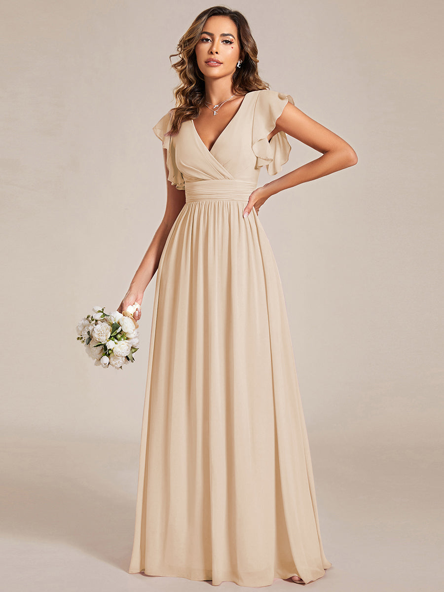 Ruffles Sleeve Back Cutout A-Line Maxi Chiffon Bridesmaid Dress #color_Gold