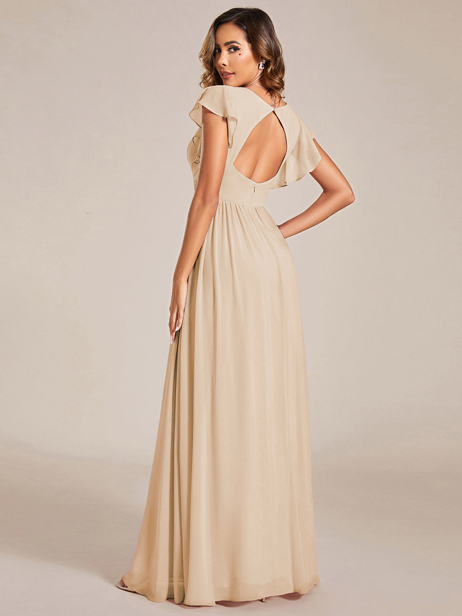 Ruffles Sleeve Back Cutout A-Line Maxi Chiffon Bridesmaid Dress #color_Gold