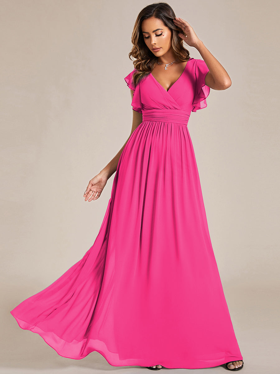 Ruffles Sleeve Back Cutout A-Line Maxi Chiffon Bridesmaid Dress #color_Hot Pink