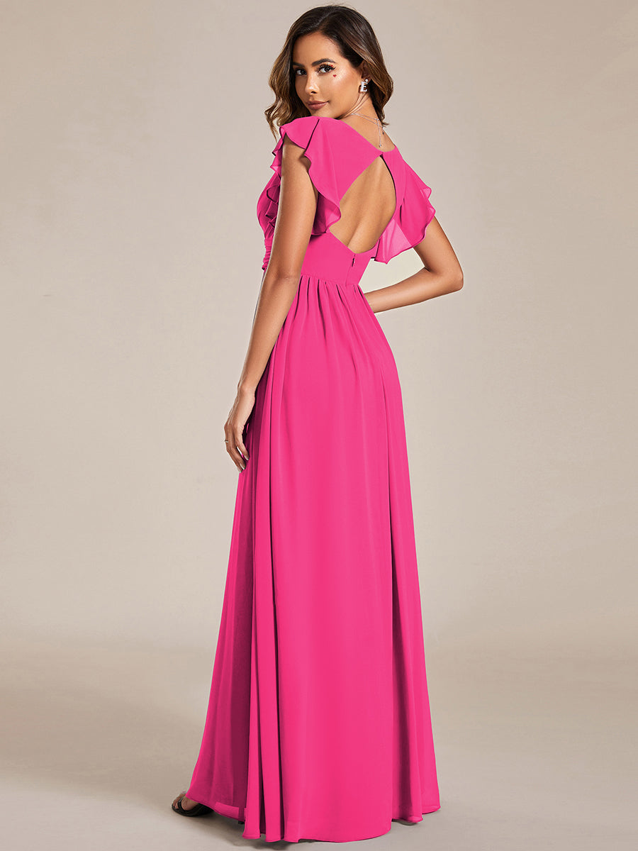 Ruffles Sleeve Back Cutout A-Line Maxi Chiffon Bridesmaid Dress #color_Hot Pink